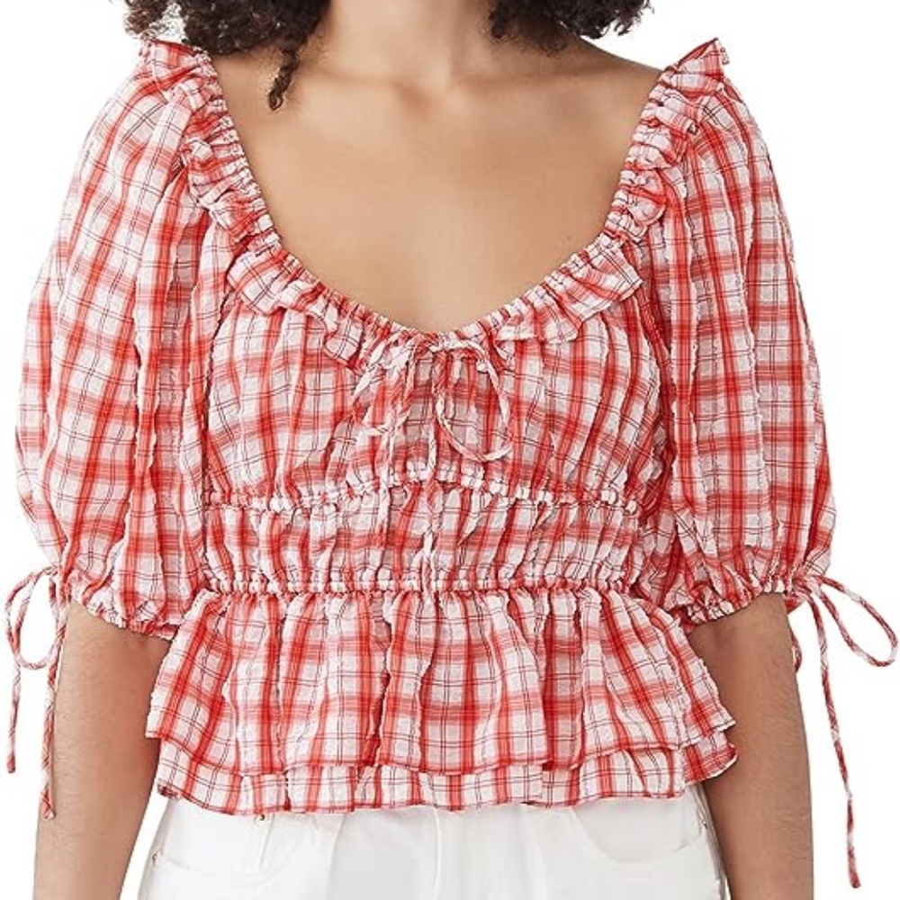 En Saison Gingham Puff Sleeve Shirt